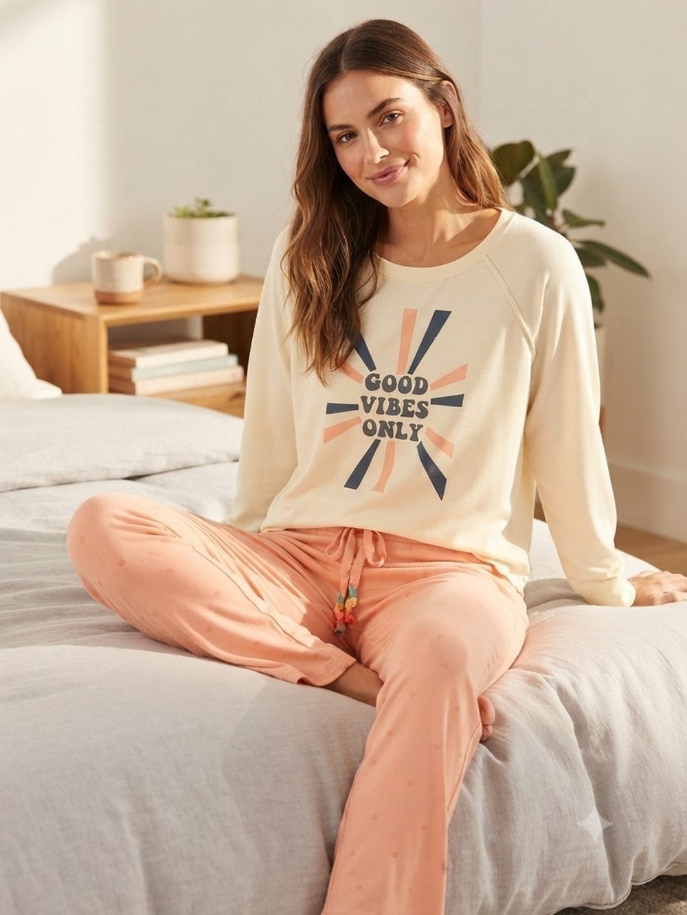 EUC Ocean Pacific "Good Vibes Only" Pajama Lounge Set | Peach & Cream | Med